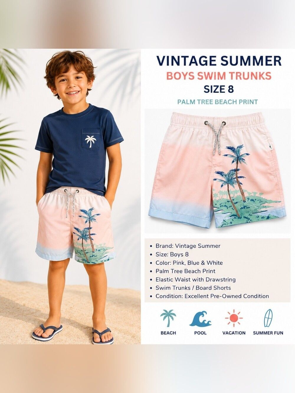 Vintage Summer Boys Swim Trunks Size 8 Palm Tree Beach Print Board Shorts